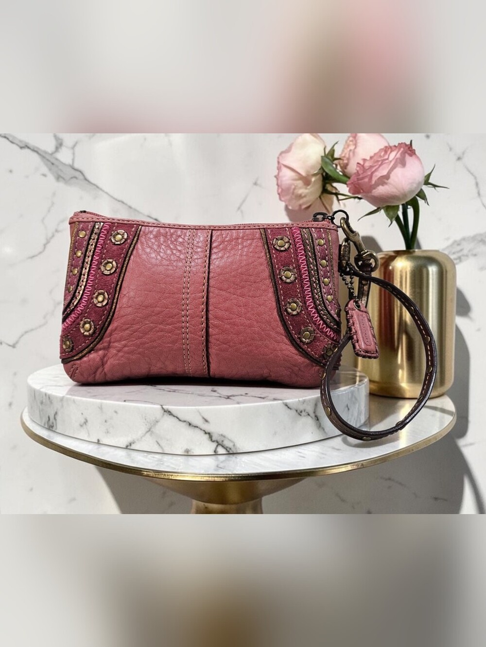 Coach Mia/Dylan Pink Pebbled Leather Wristlet w/Studded Trim & Original Hangtag